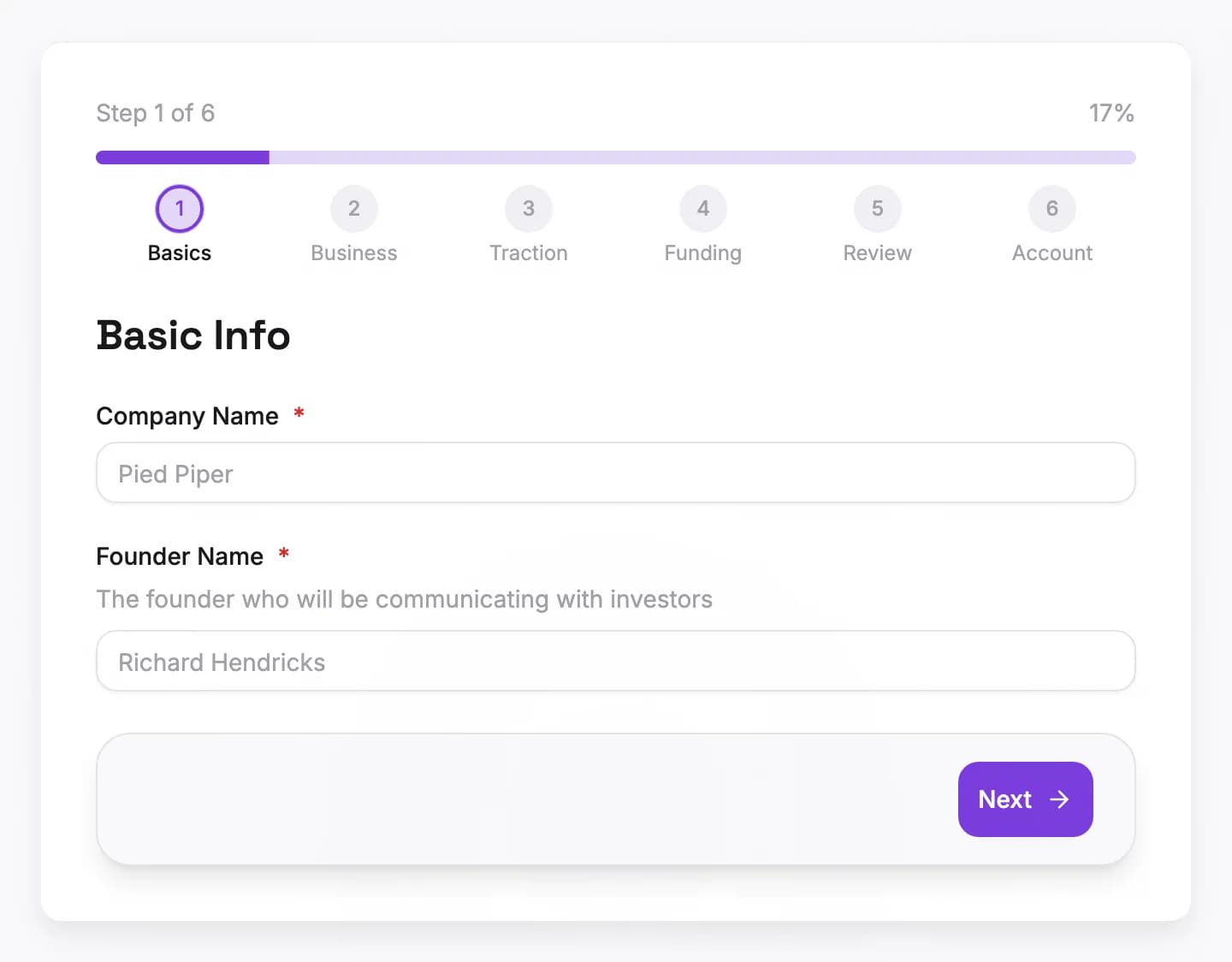 The Company Profile wizard where founders enter their startup details