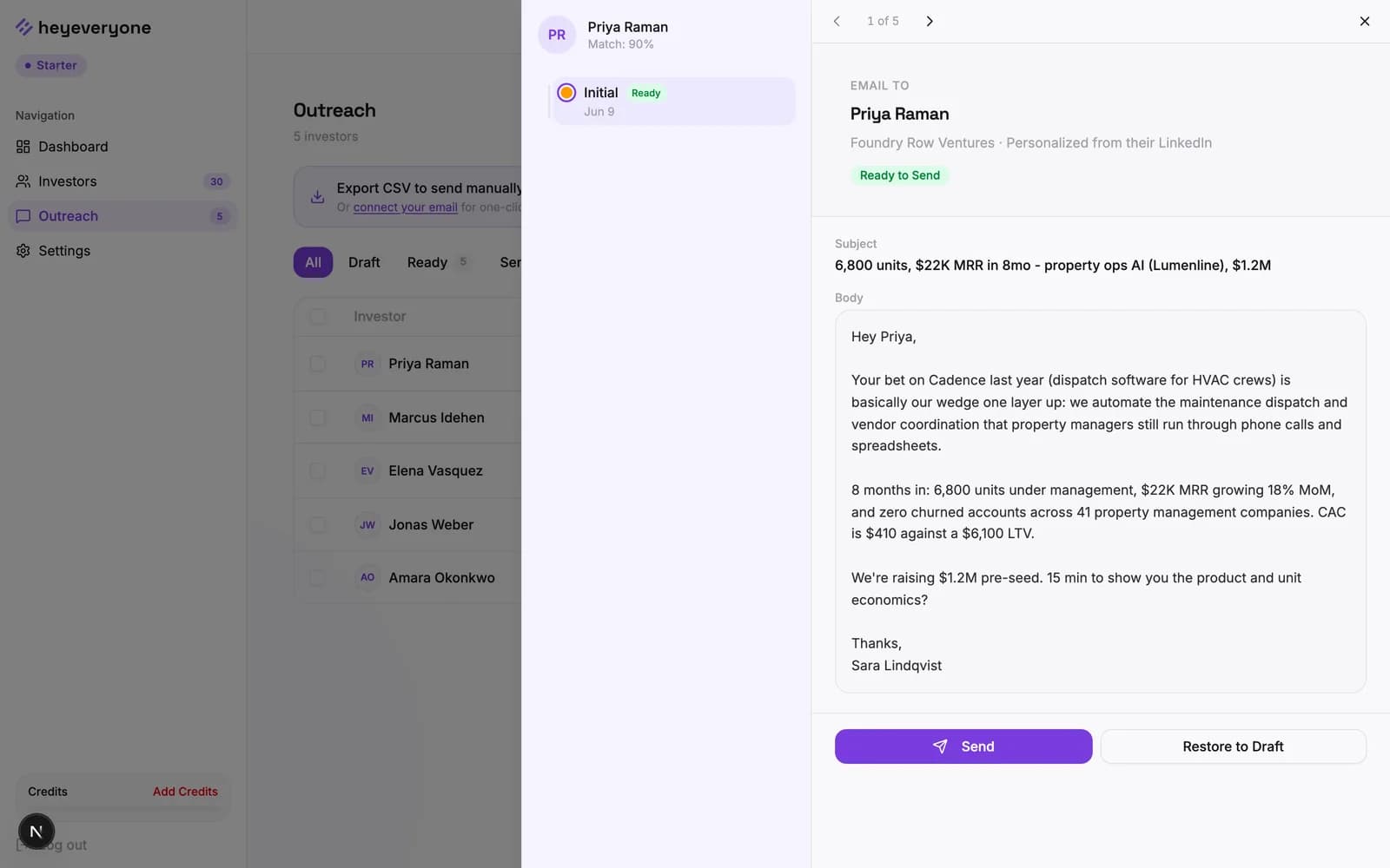 The email review panel showing a personalized draft ready to approve